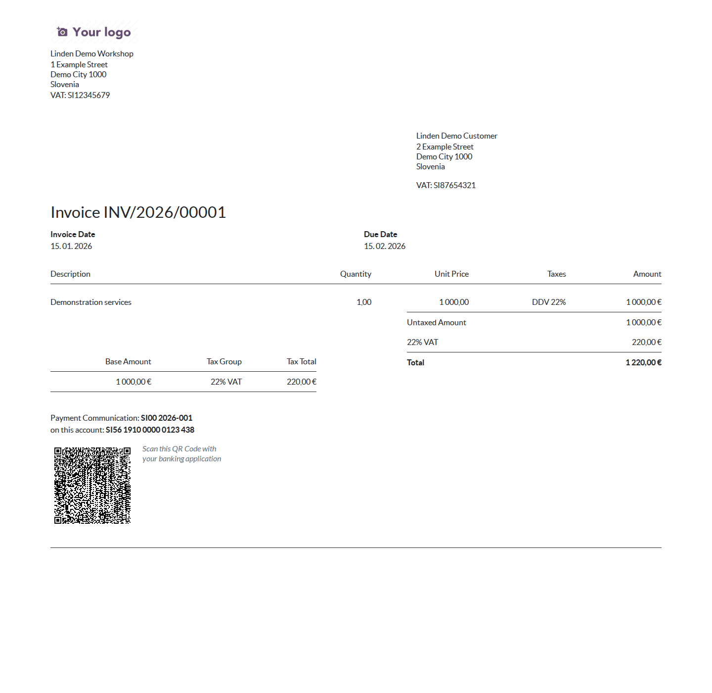 Rendered invoice report with UPN QR