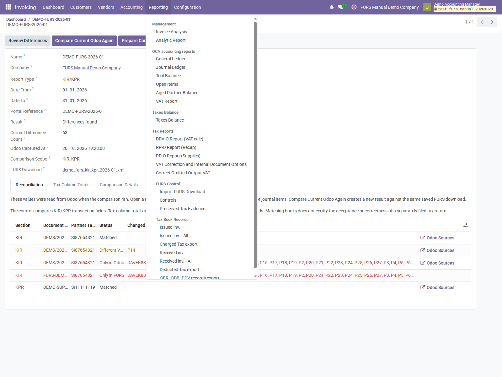 Odoo Reporting menu with the FURS Control entries