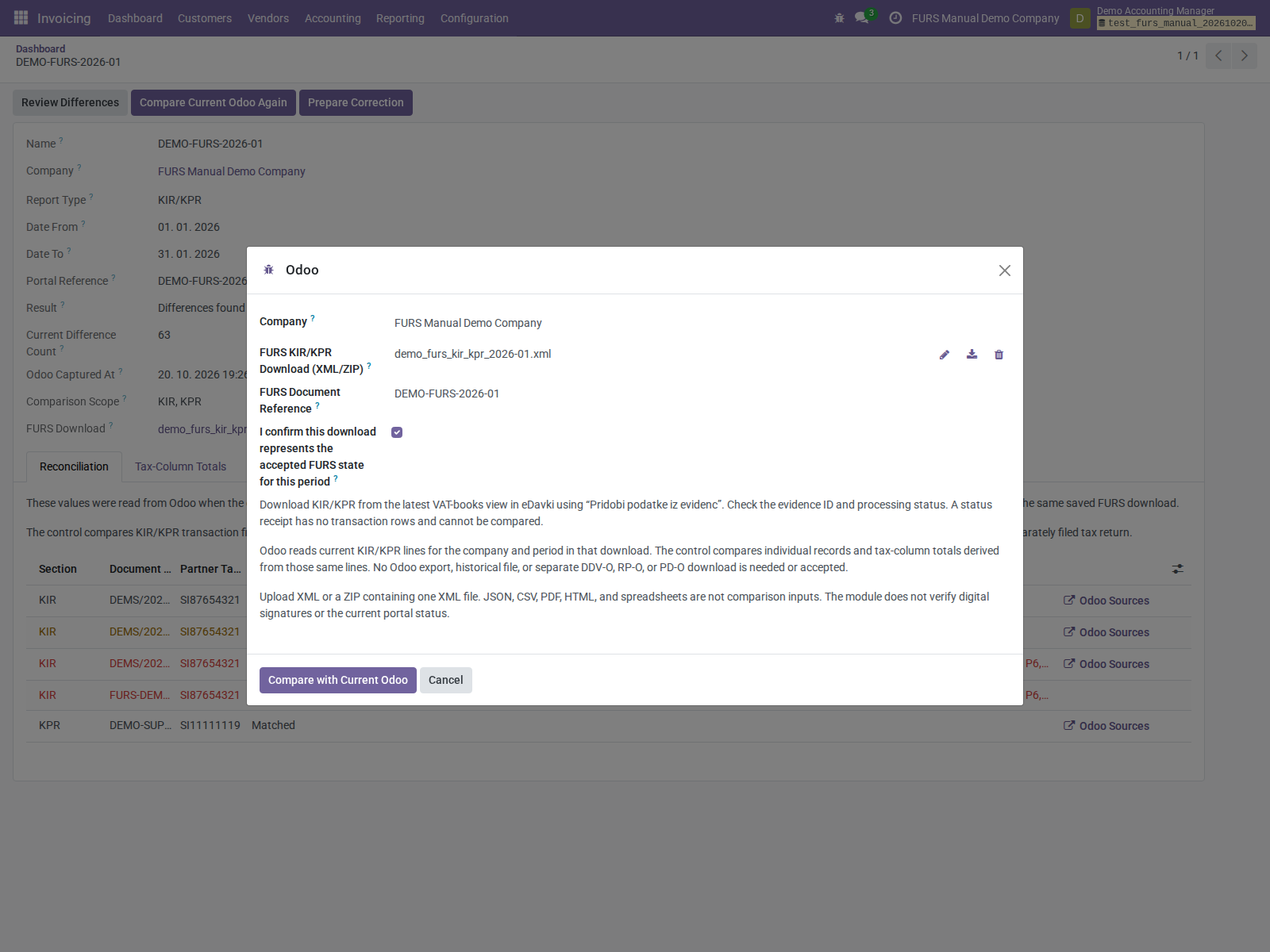 Real Odoo import dialog populated with the synthetic FURS file