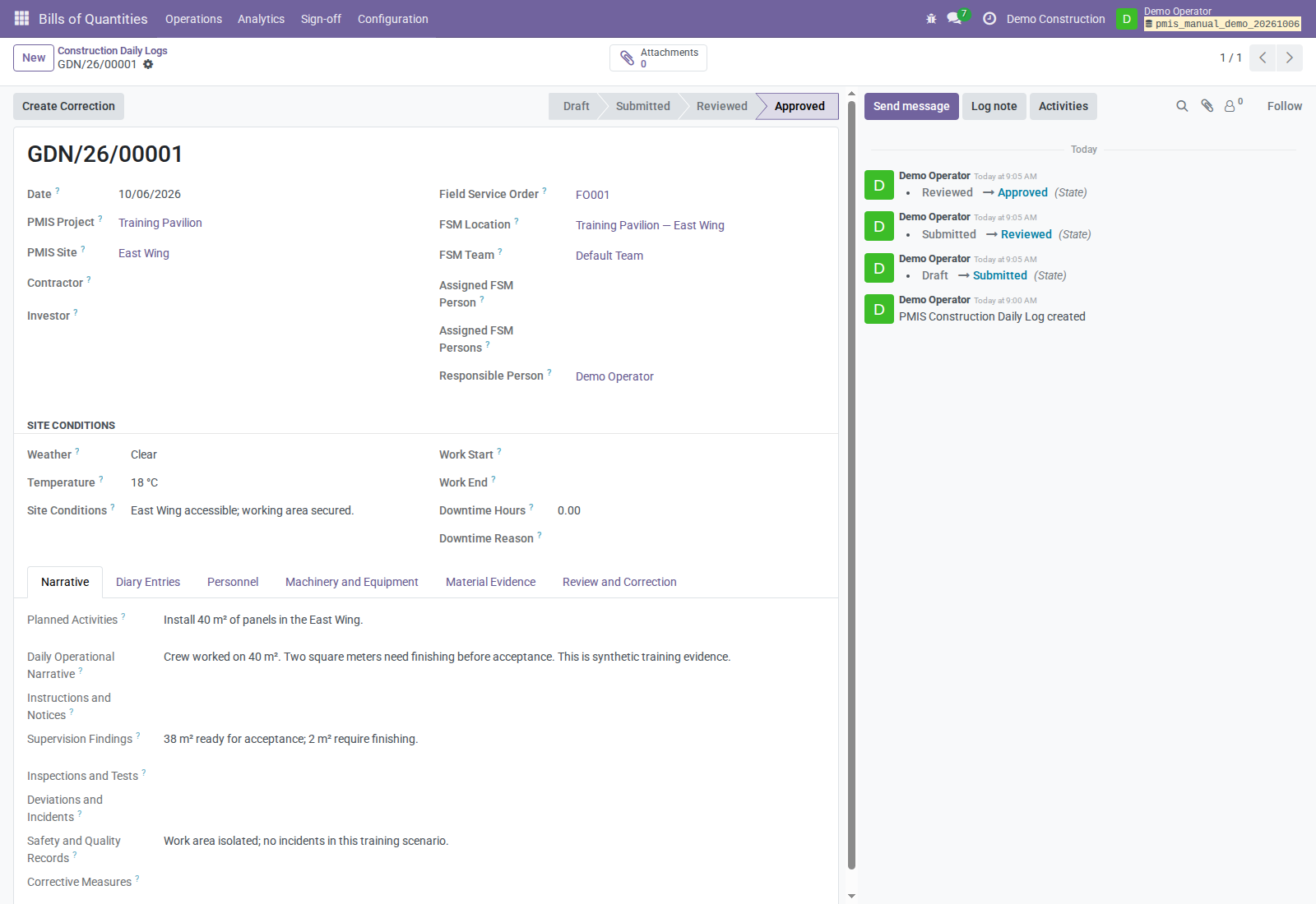 Approved daily log retains the narrative and its approval state