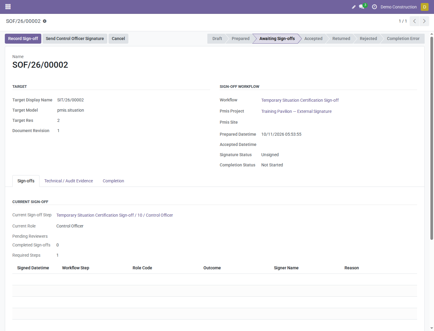 The operative's case screen offers Send Control Officer Signature for an external officer