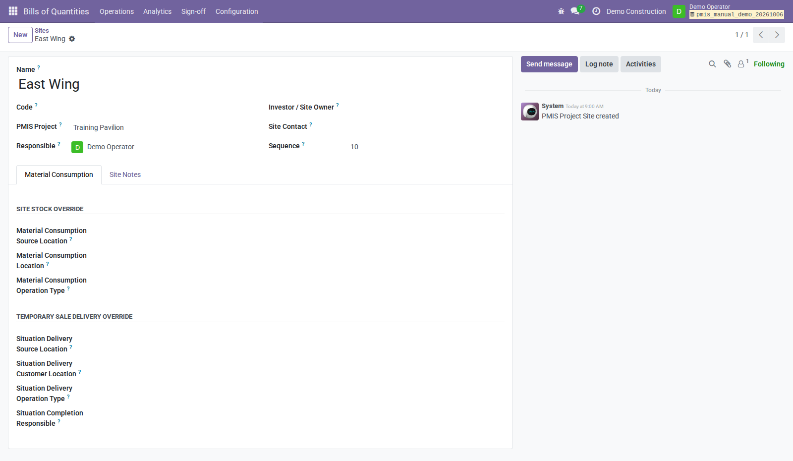 Site form: project, responsible person, contacts, and optional route overrides