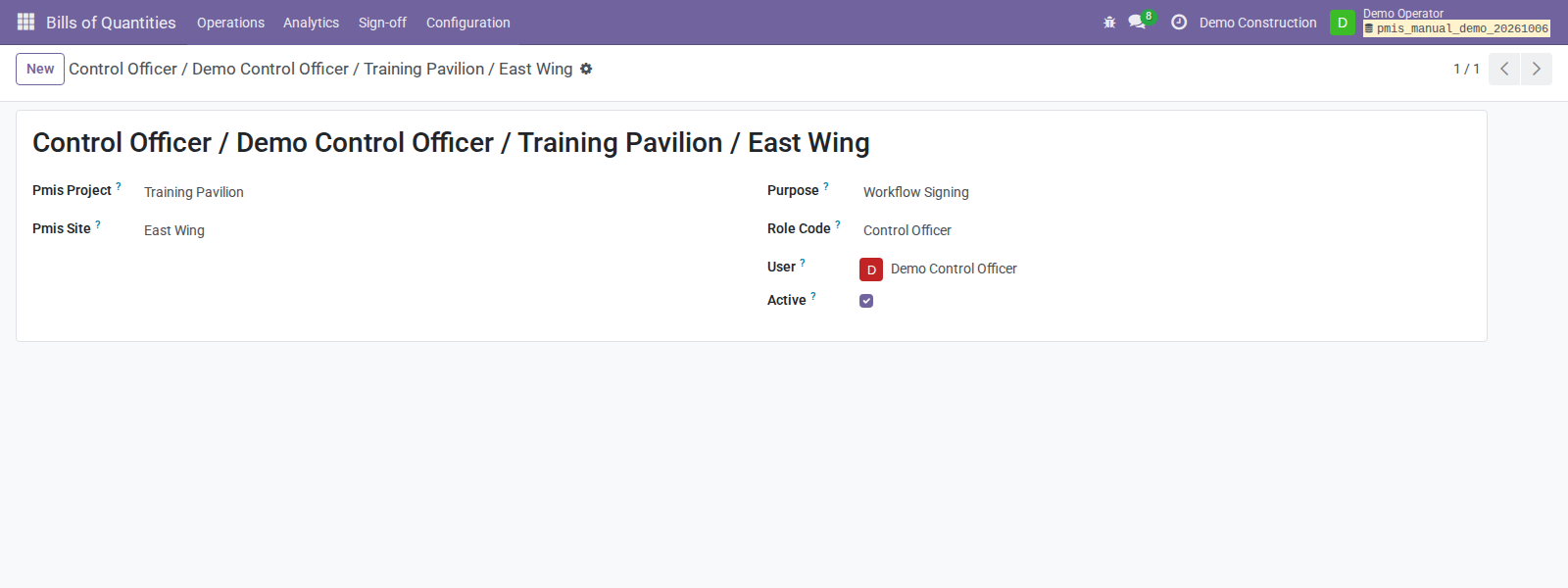 Manager assigns Workflow Signing authority to the internal Control Officer for East Wing
