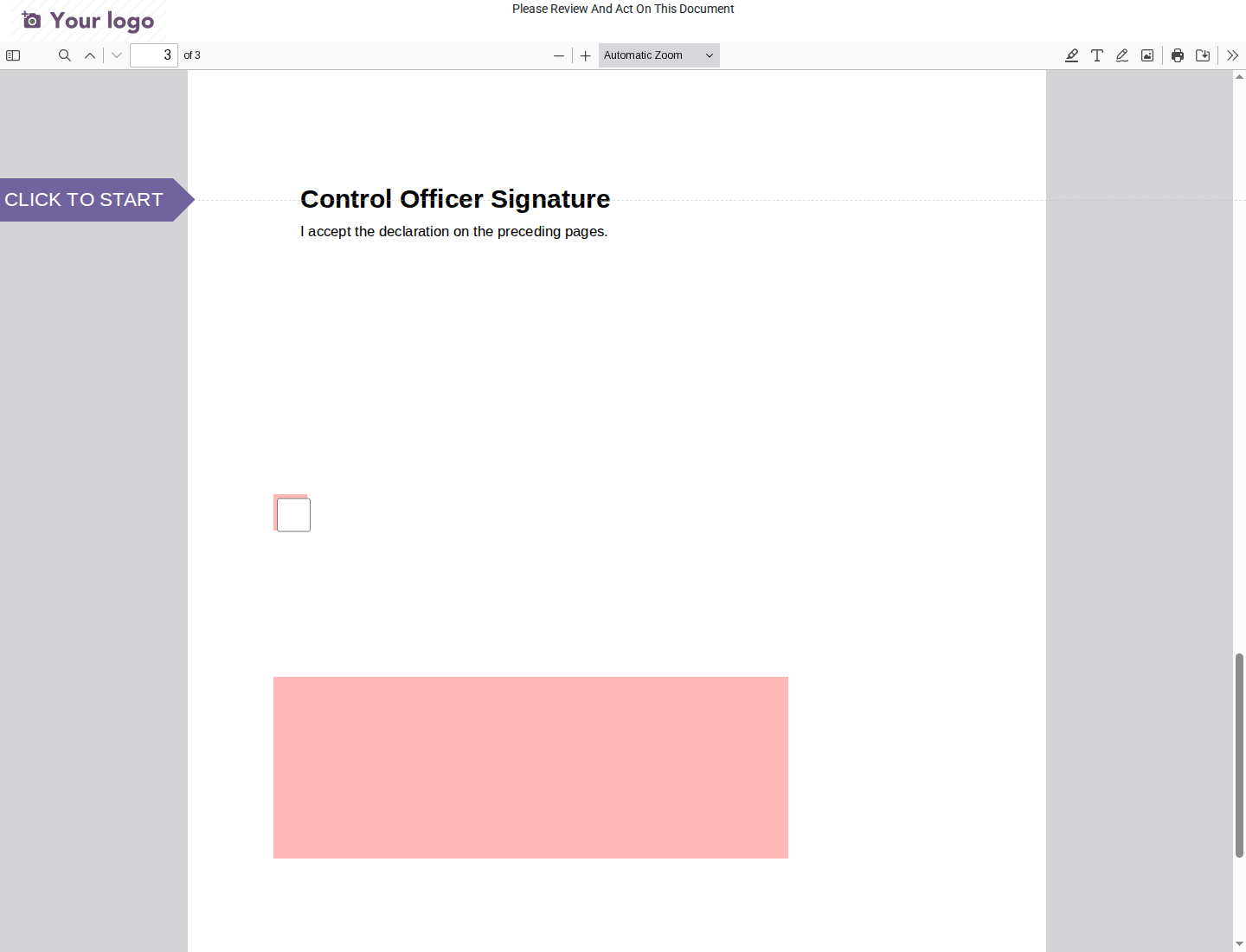 External officer sees the actual anonymous PDF portal and required acceptance/signature fields