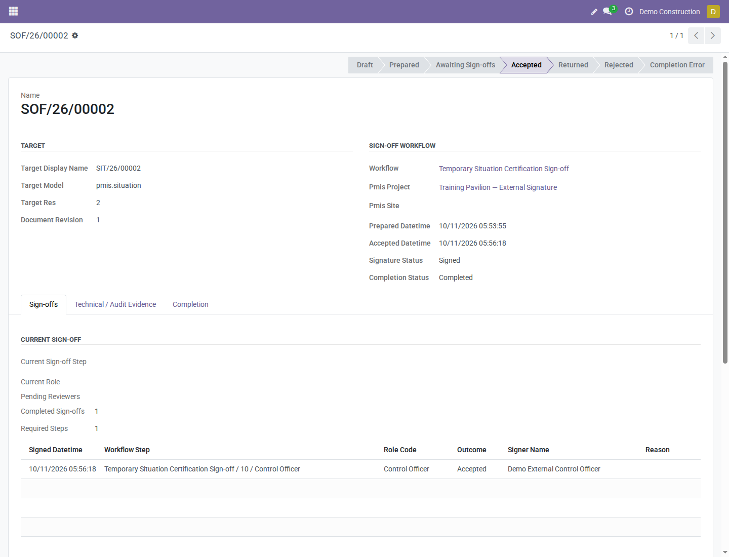 Operator verifies the portal-signed case is Accepted, Signed, and Completed
