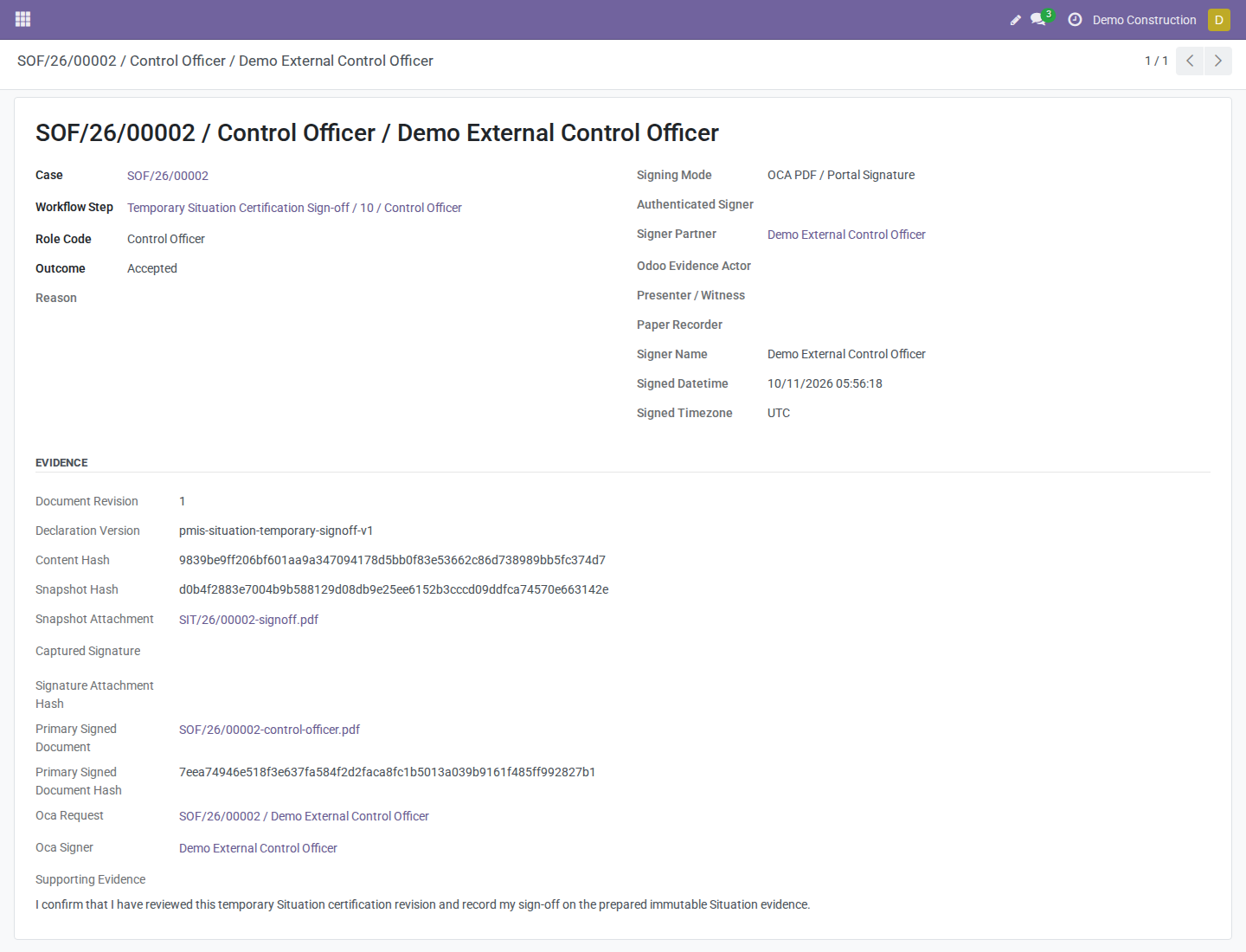 Retained sign-off identifies the external contact and OCA PDF / Portal Signature without inventing an internal signer or presenter
