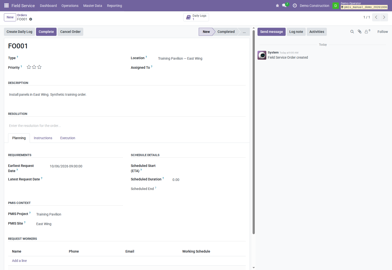 Field Service order with PMIS project/site context and the Create Daily Log action