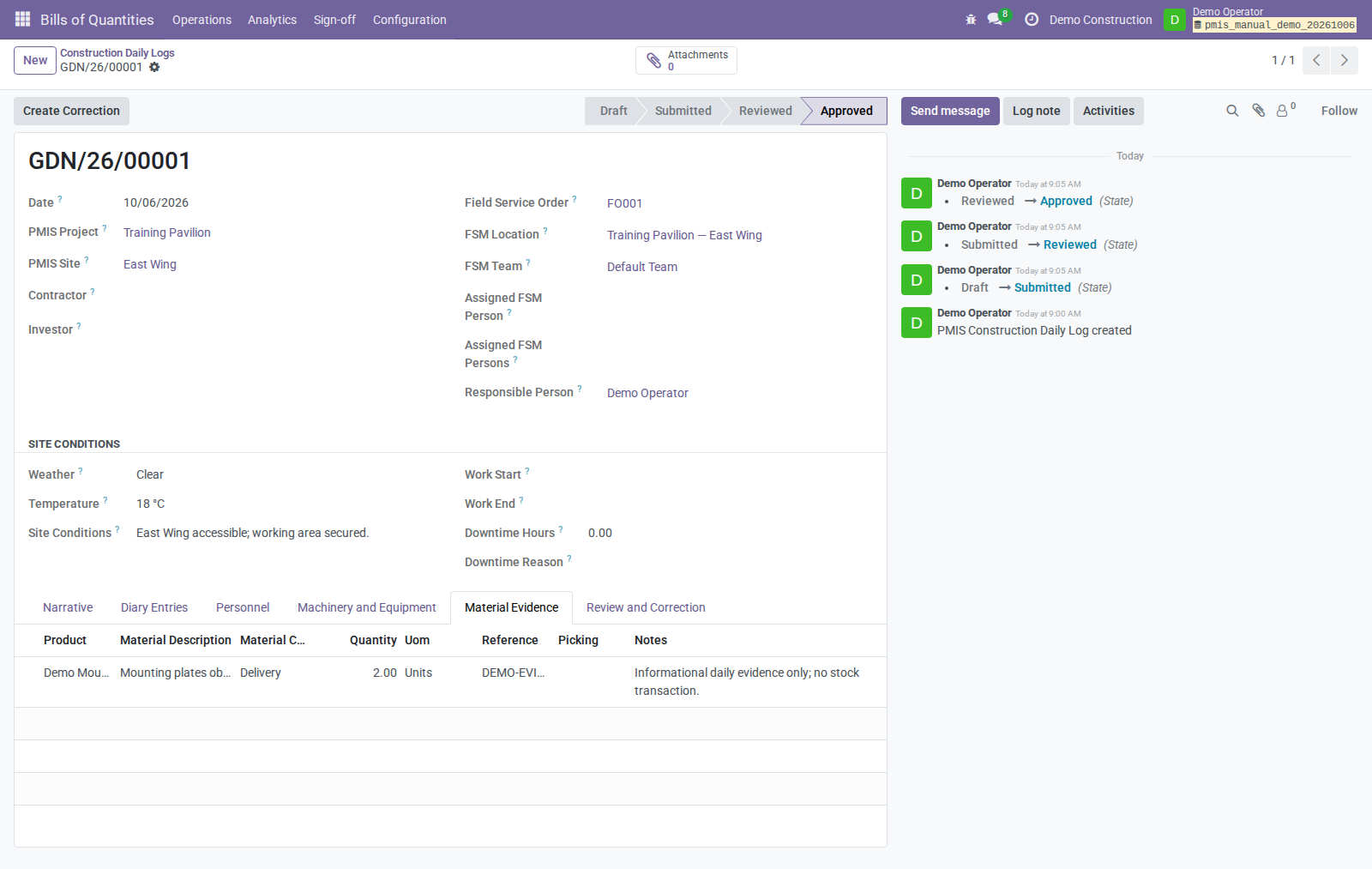 Daily-log material evidence records two plates as information, not as an inventory transaction