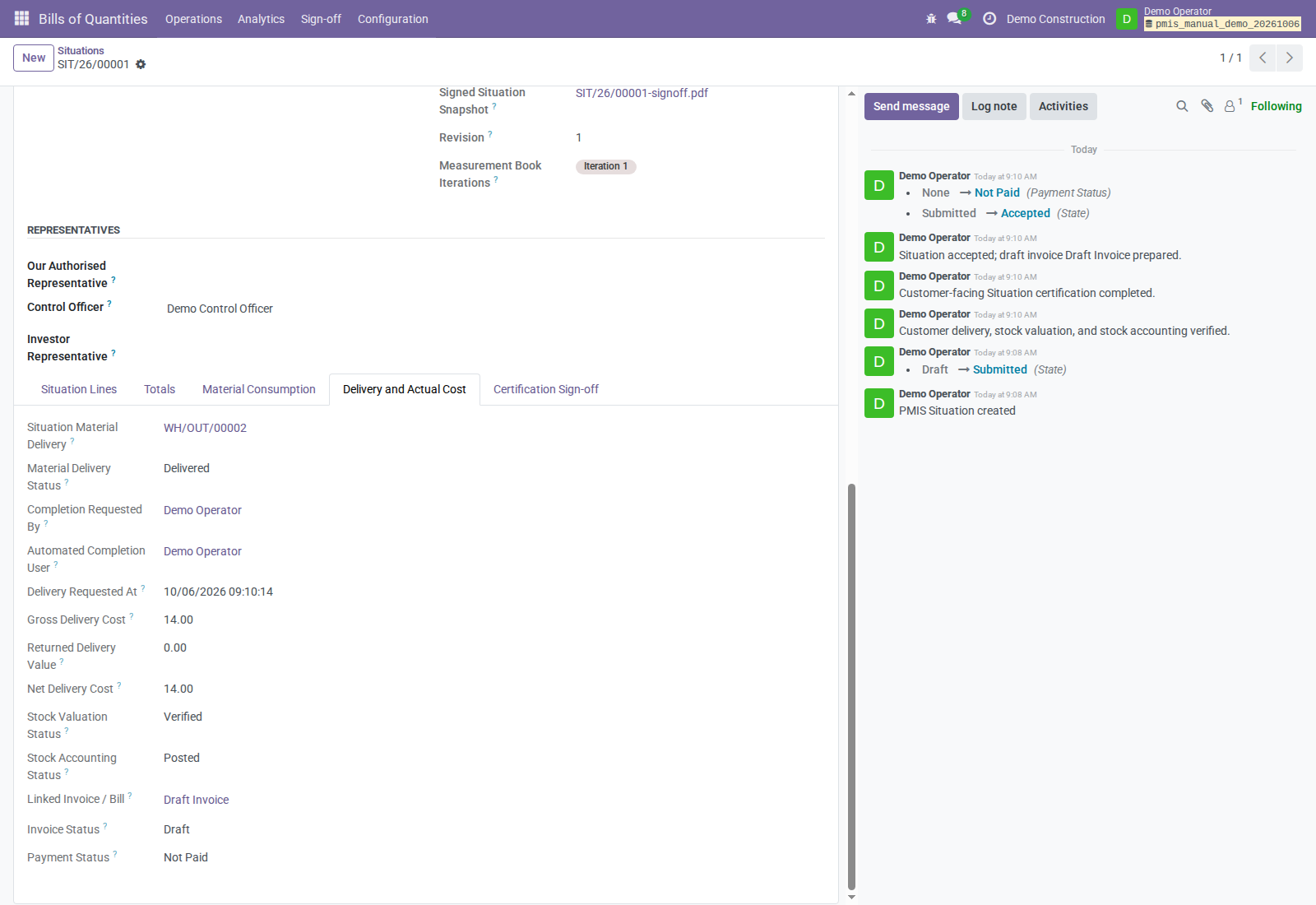 Delivery and Actual Cost shows delivered material, verified valuation, posted stock accounting, and a draft invoice