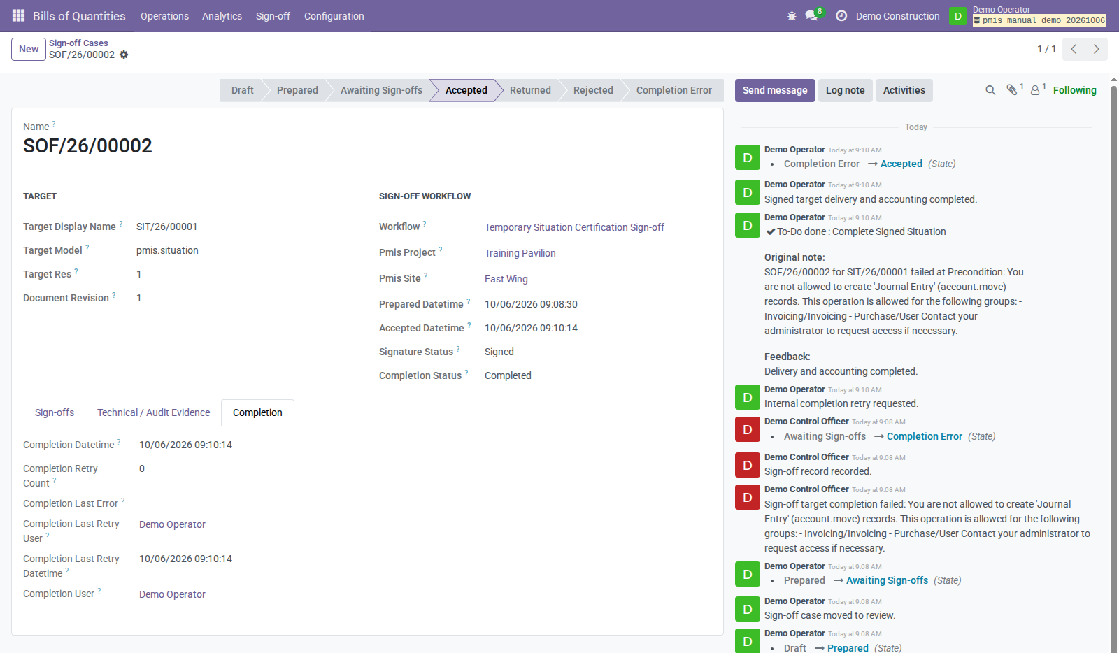 Completed retry retains the same case and revision and records one retry by Demo Operator