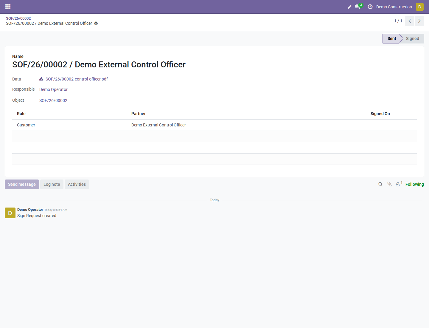The case-created OCA request is Sent and names the external contact as its recipient