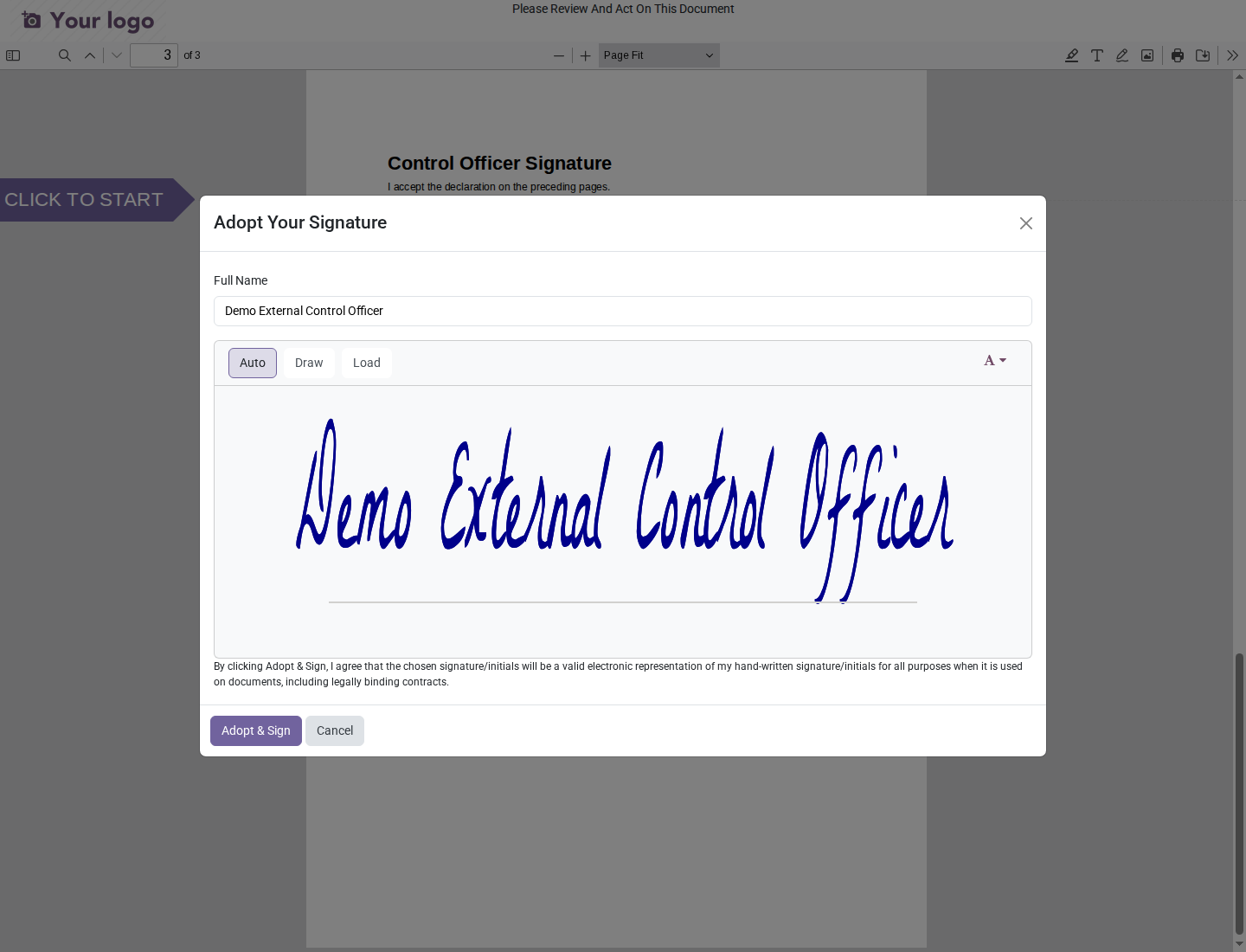 OCA's actual Adopt Your Signature dialog identifies the synthetic external Control Officer