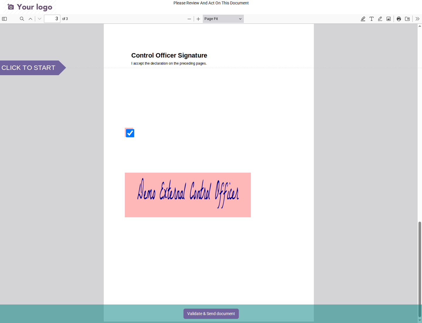 The declaration checkbox is selected, the signature is captured, and Validate & Send document is available