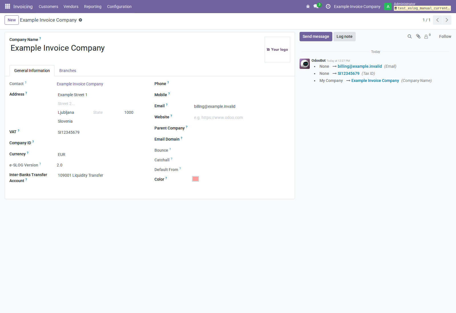 Company form showing the read-only e-SLOG Version 2.0