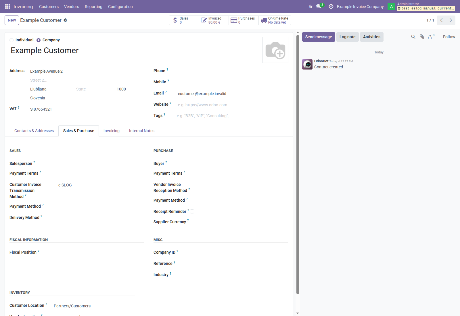 Customer Sales and Purchase tab with Customer Invoice Transmission Method set to e-SLOG