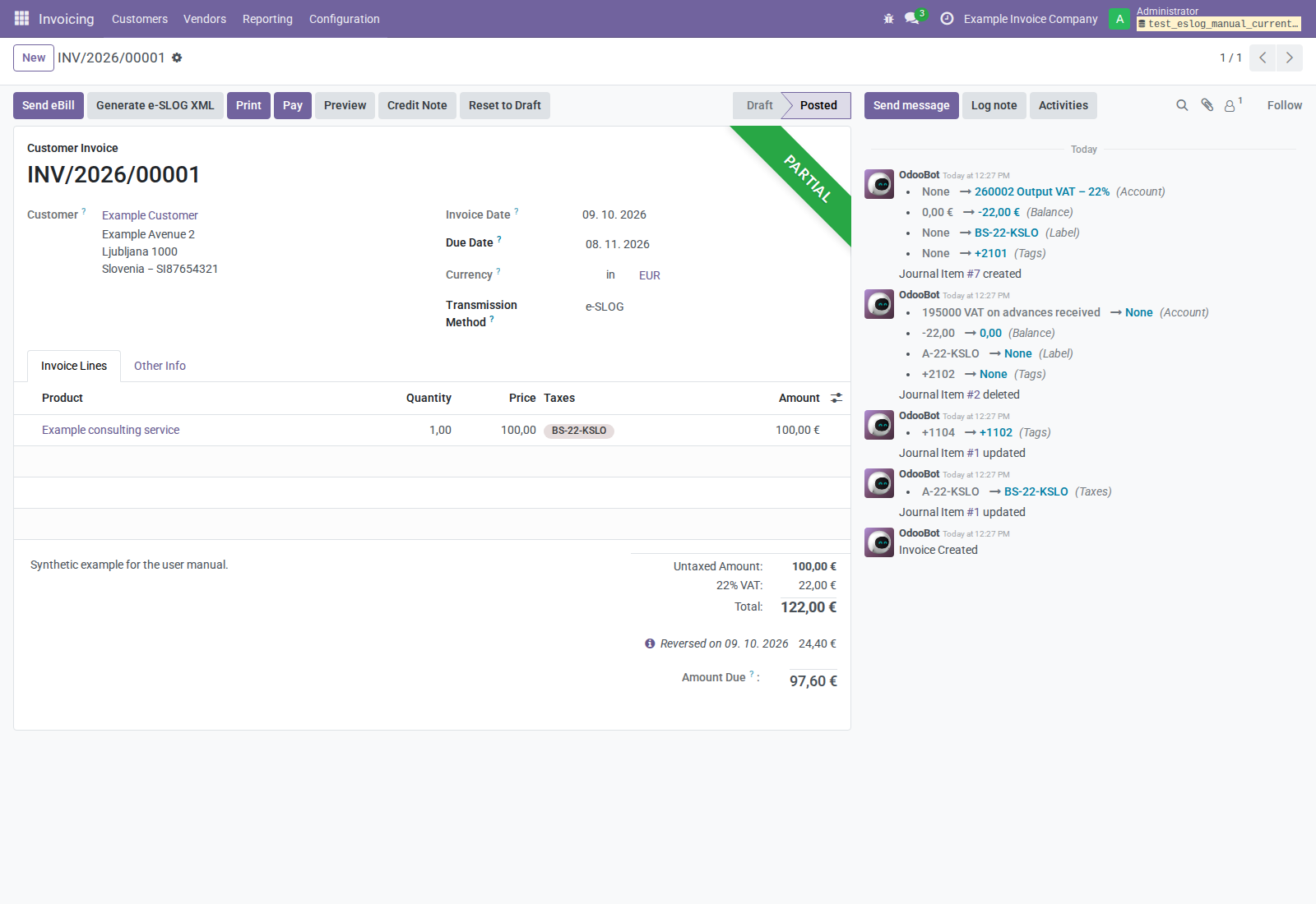 Posted customer invoice with e-SLOG selected and generation/export buttons