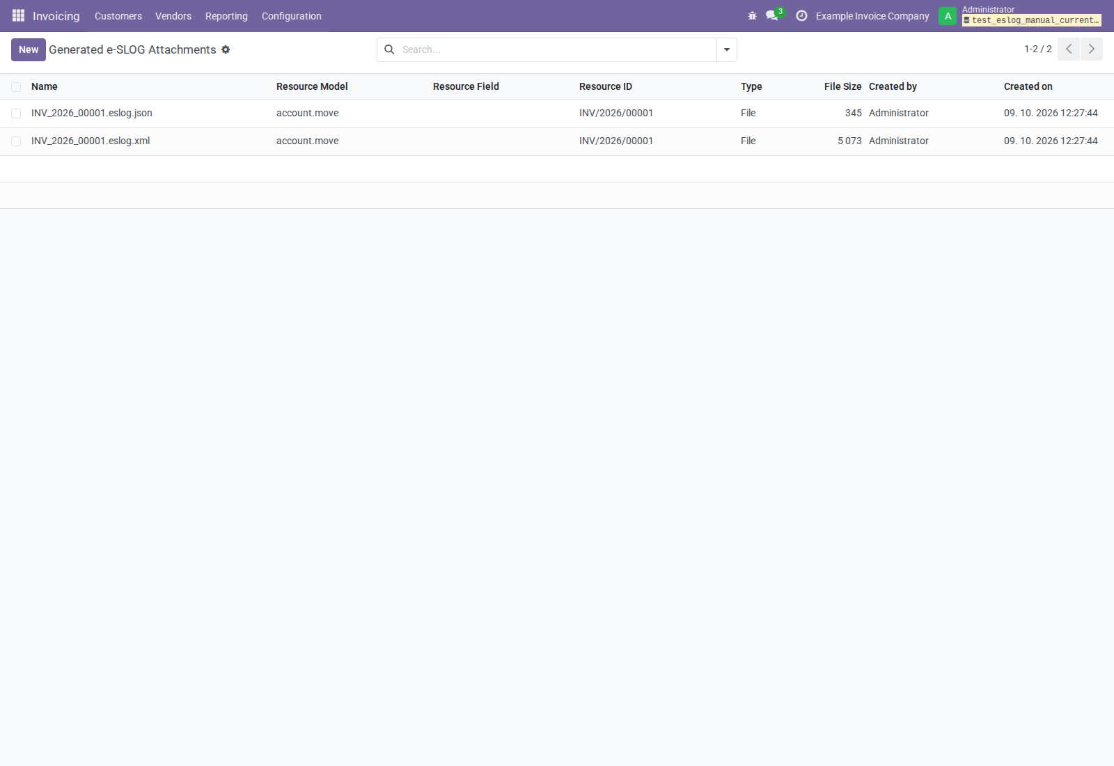 Generated XML and normalized JSON attached to the customer invoice