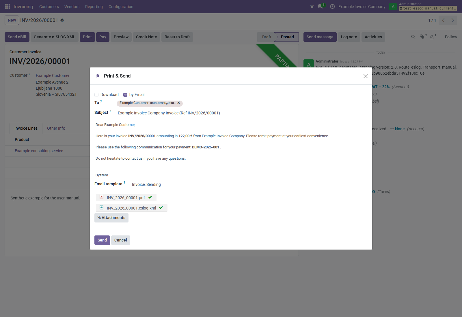 Print and Send composer with invoice PDF and e-SLOG XML attached