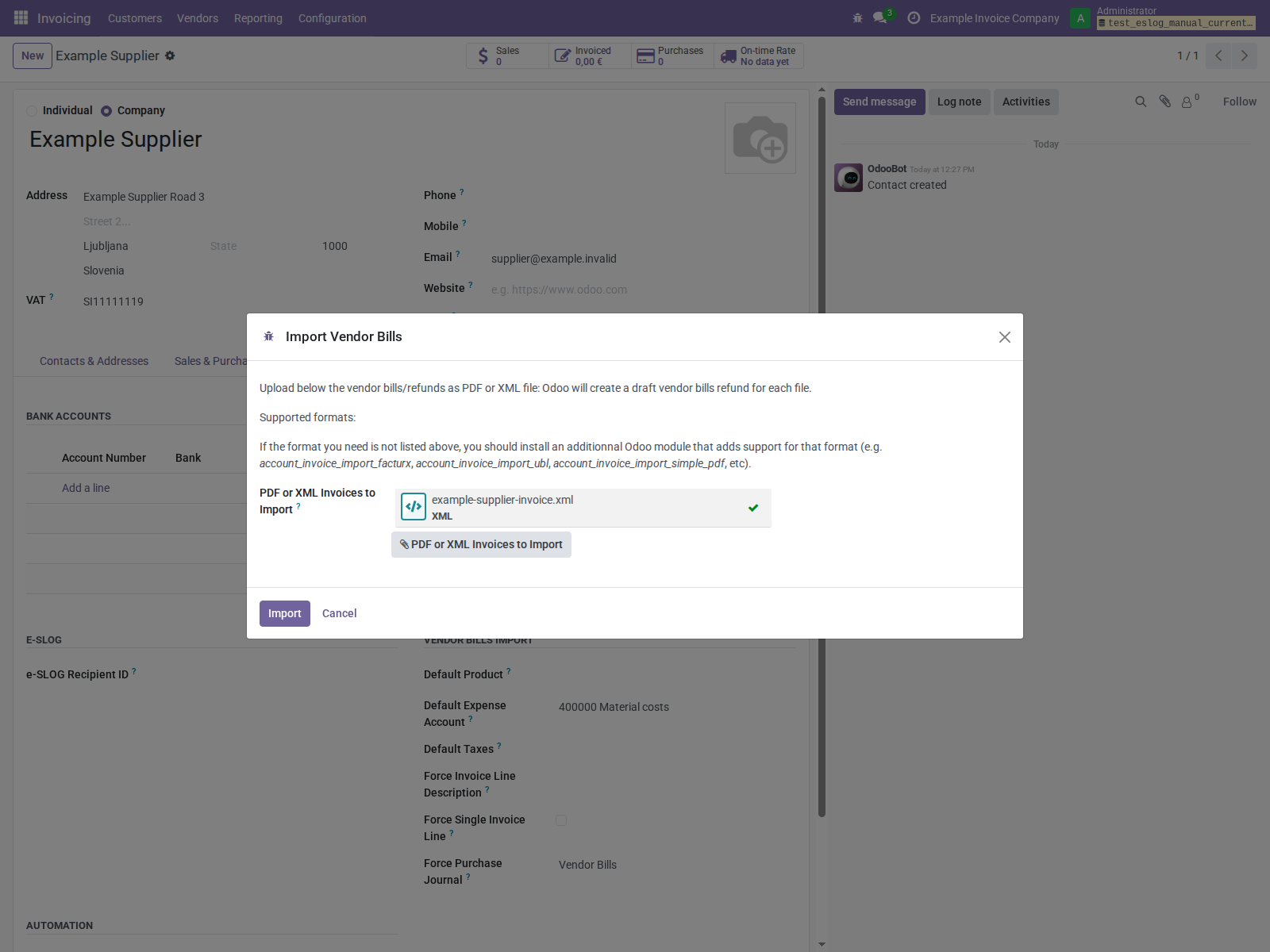 Vendor bill import wizard with a synthetic supplier XML uploaded