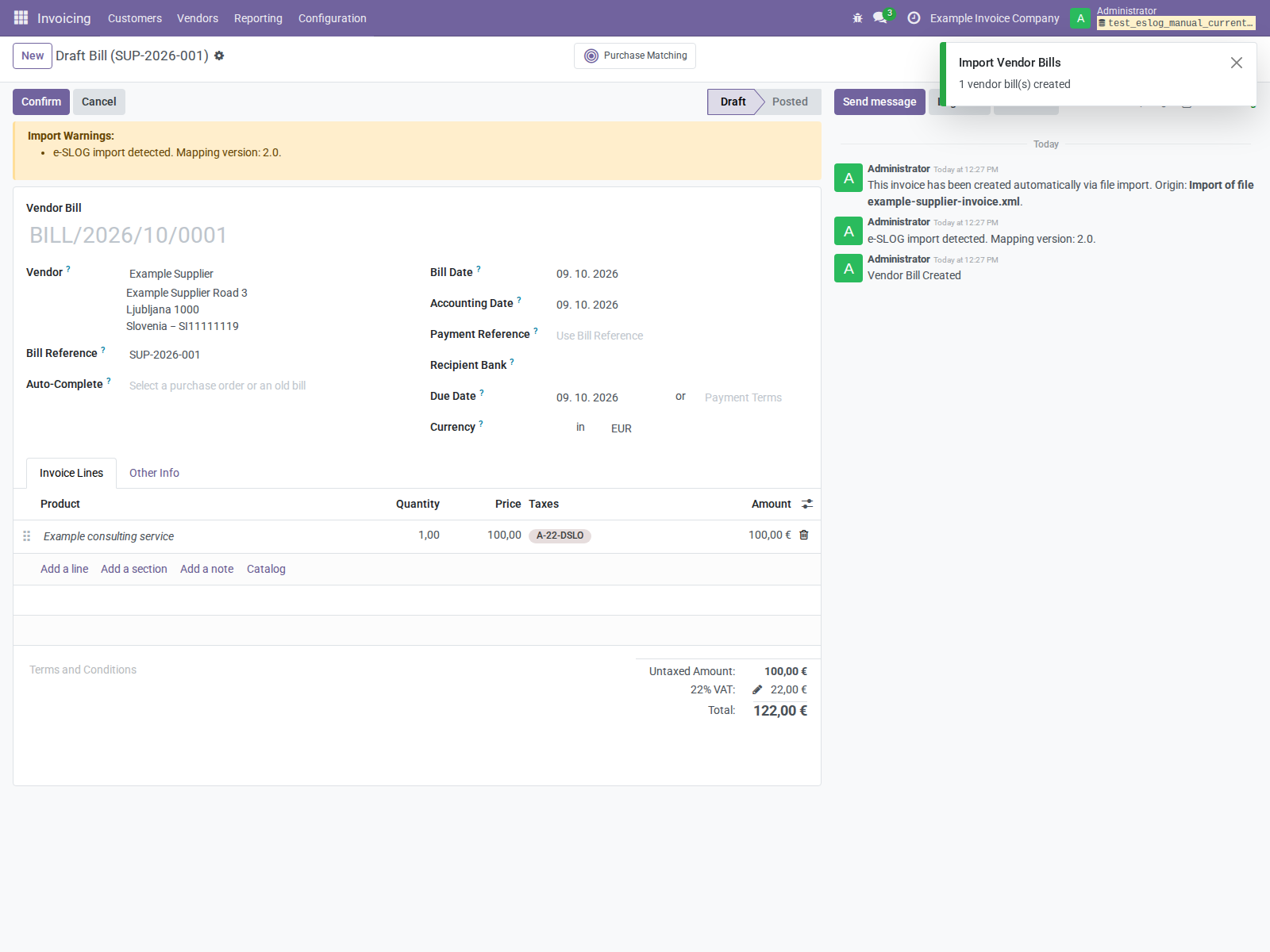 Actual imported draft vendor bill with reference, lines, tax, total, and import chatter