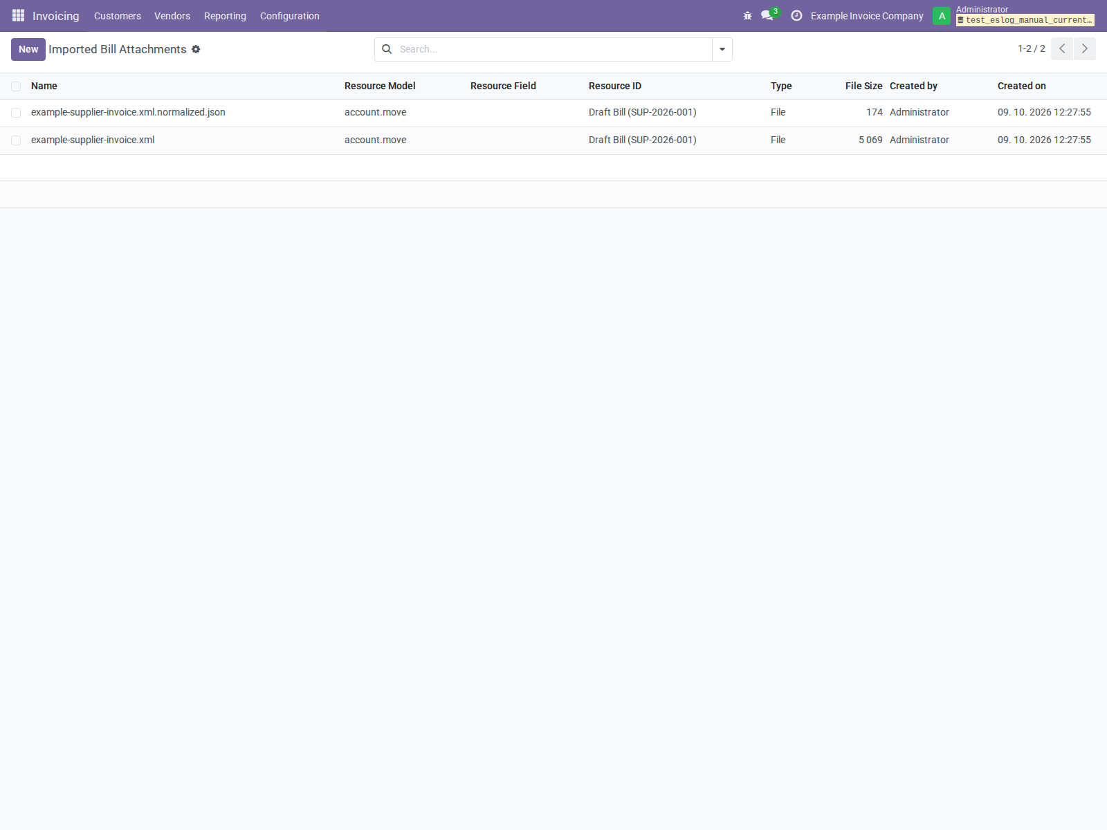Imported vendor bill attachments, including original XML and normalized JSON