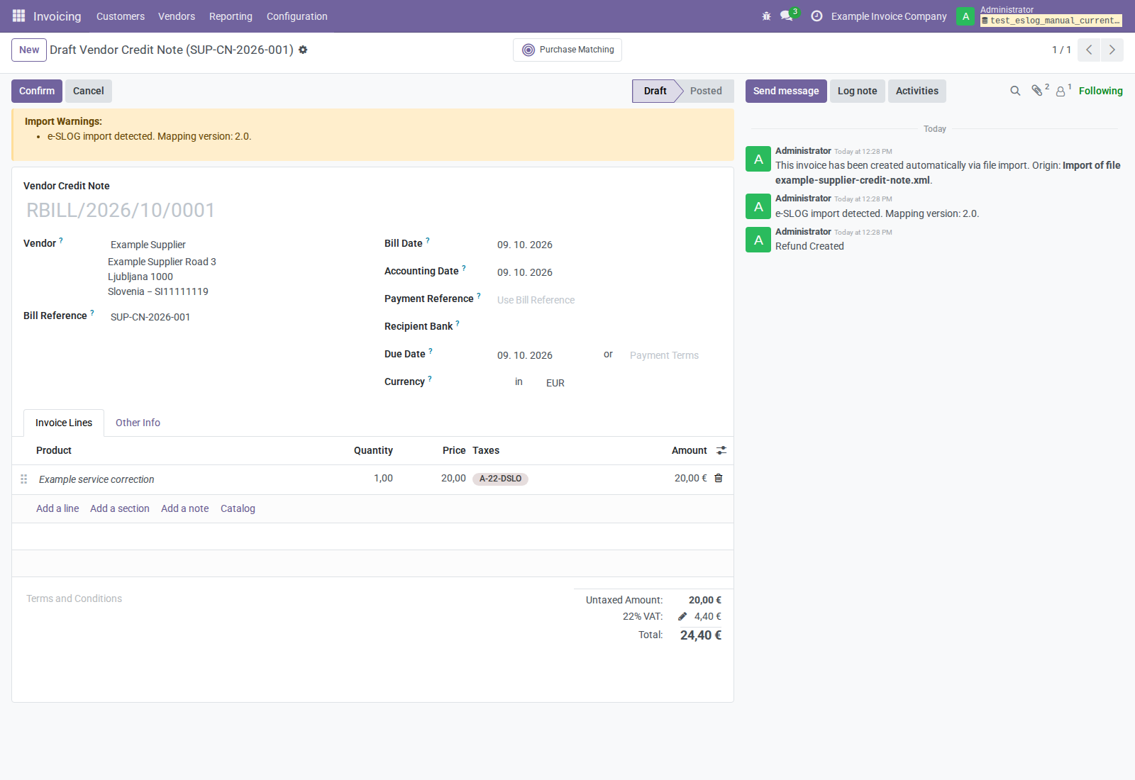 Actual imported draft vendor credit note with synthetic reference and amount