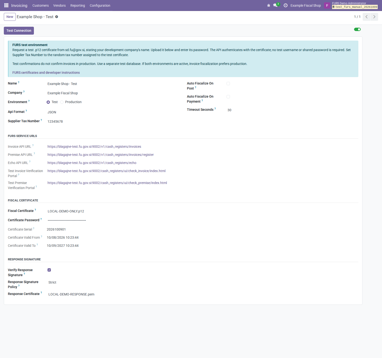 FURS configuration with Test selected, endpoints, masked password, and Strict response verification
