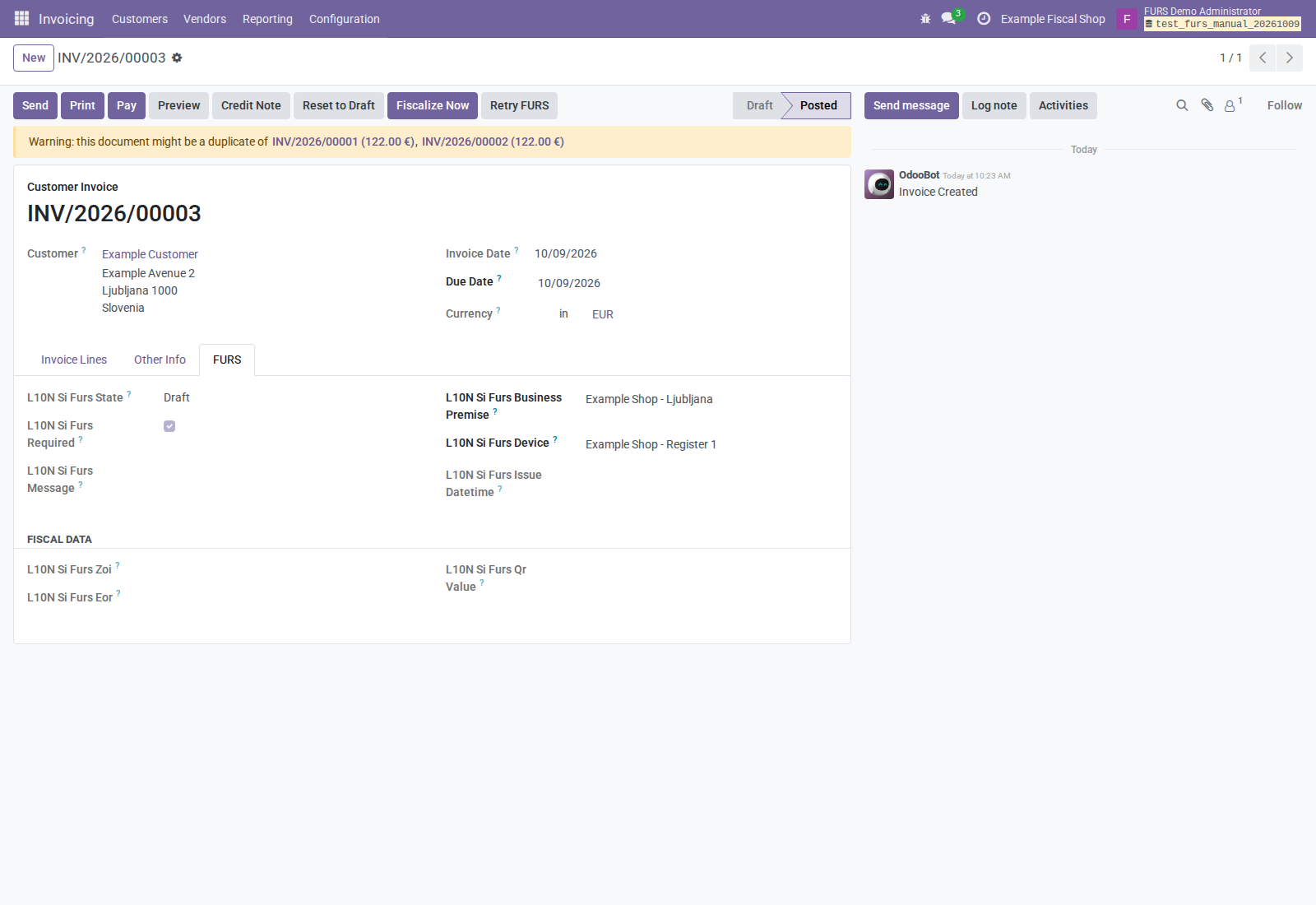 Posted invoice on the FURS tab, awaiting submission