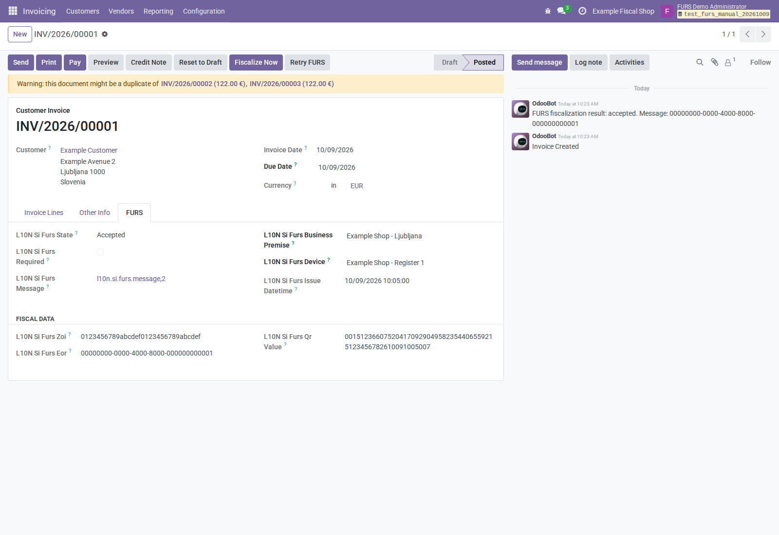 Invoice FURS tab with a simulated Accepted response, EOR, ZOI, and QR value