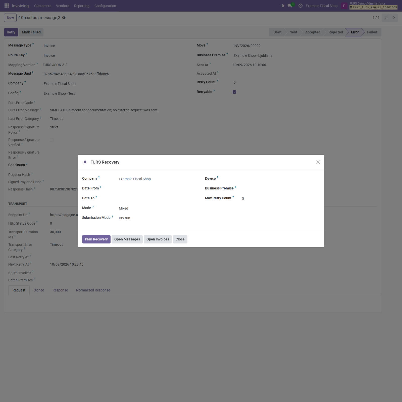 Recovery wizard with company/date filters, Mixed mode, Dry run, and planning/open buttons