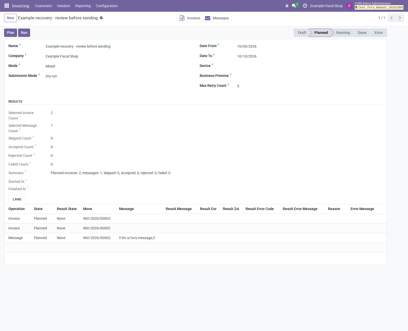Planned Mixed recovery with two invoice lines and a message line, no accepted results