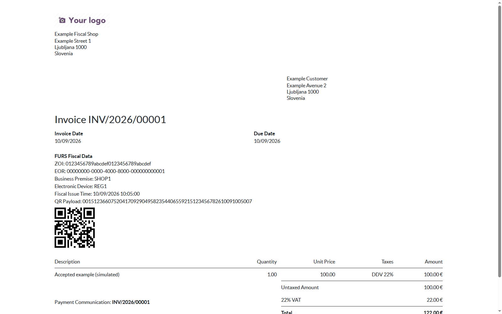 Rendered invoice HTML report showing synthetic fiscal identifiers, QR, and balanced totals