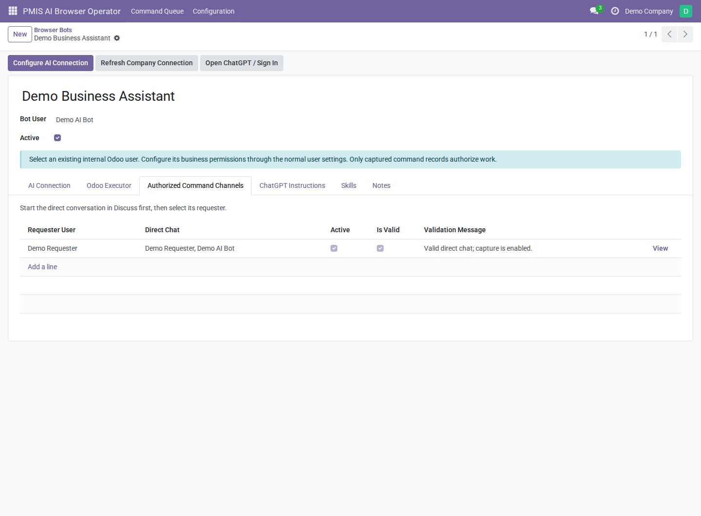 Zavihek Authorized Command Channels z Demo Requester in veljavnim aktivnim neposrednim klepetom