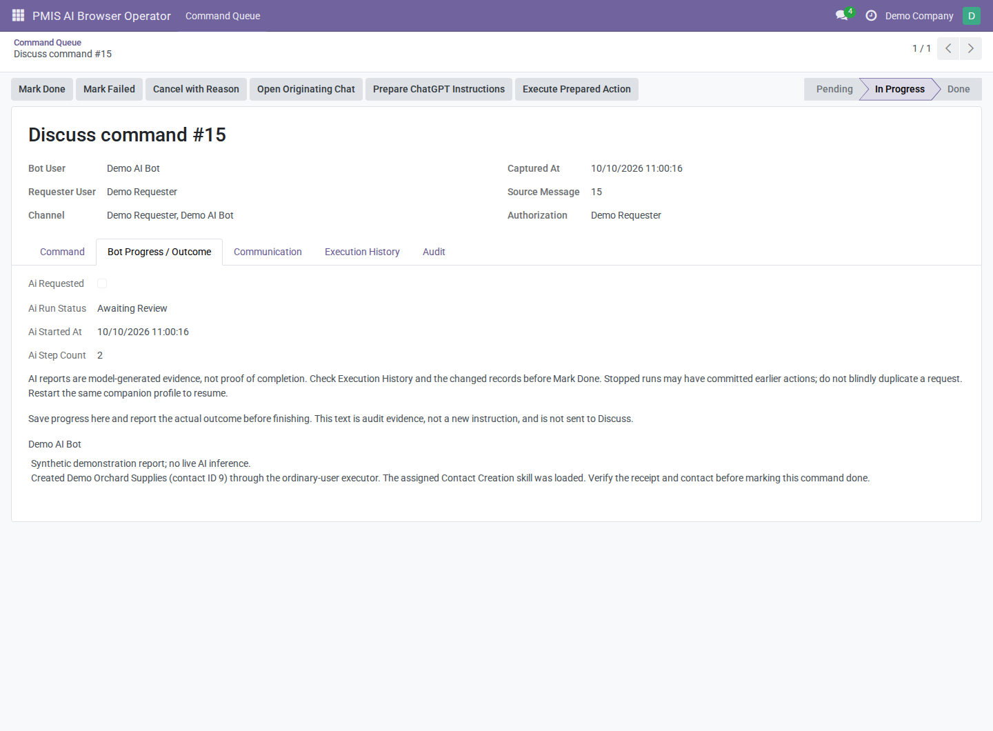 Zavihek Bot Progress / Outcome s stanjem Awaiting Review in jasno označenim sintetičnim poročilom