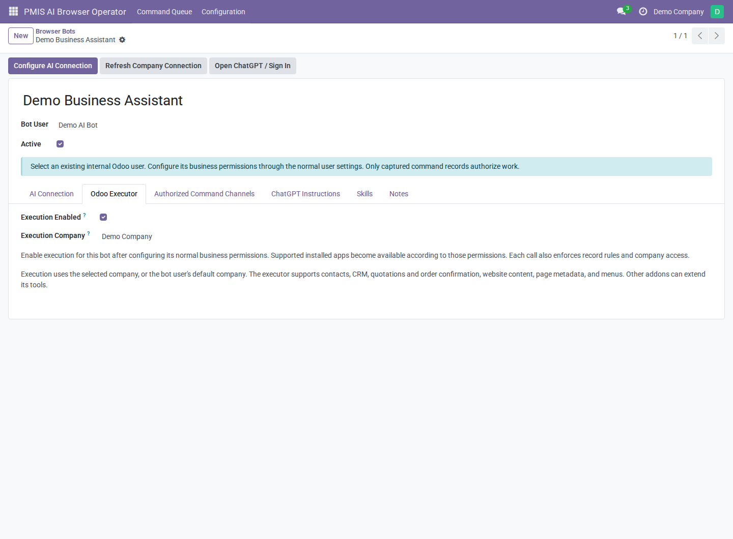 Odoo Executor tab with execution enabled and Demo Company selected