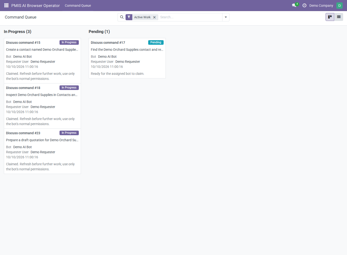 Command Queue kanban with Active Work filtering and synthetic Pending and In Progress cards