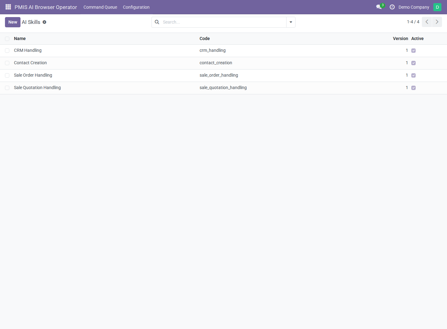 AI Skills list with the three starter workflows and a custom Contact Creation skill