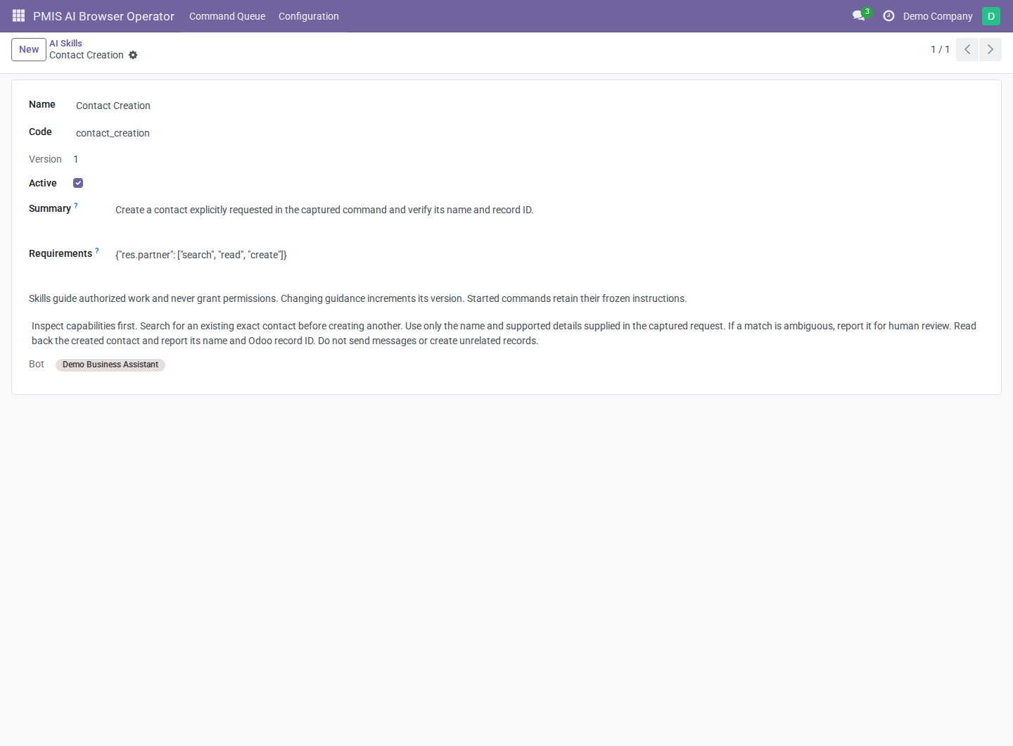 Custom Contact Creation skill showing its summary, capability requirements, instructions, and assigned bot