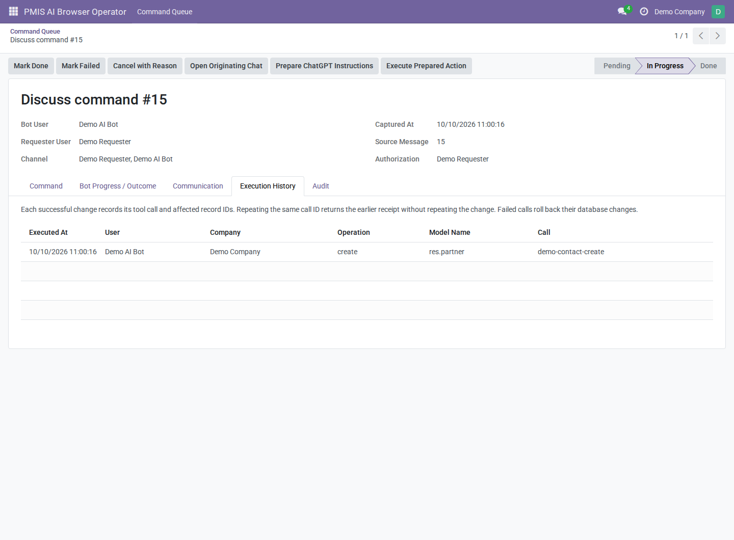 Execution History z ustvarjanjem stika, ki ga je izvedel Demo AI Bot v Demo Company
