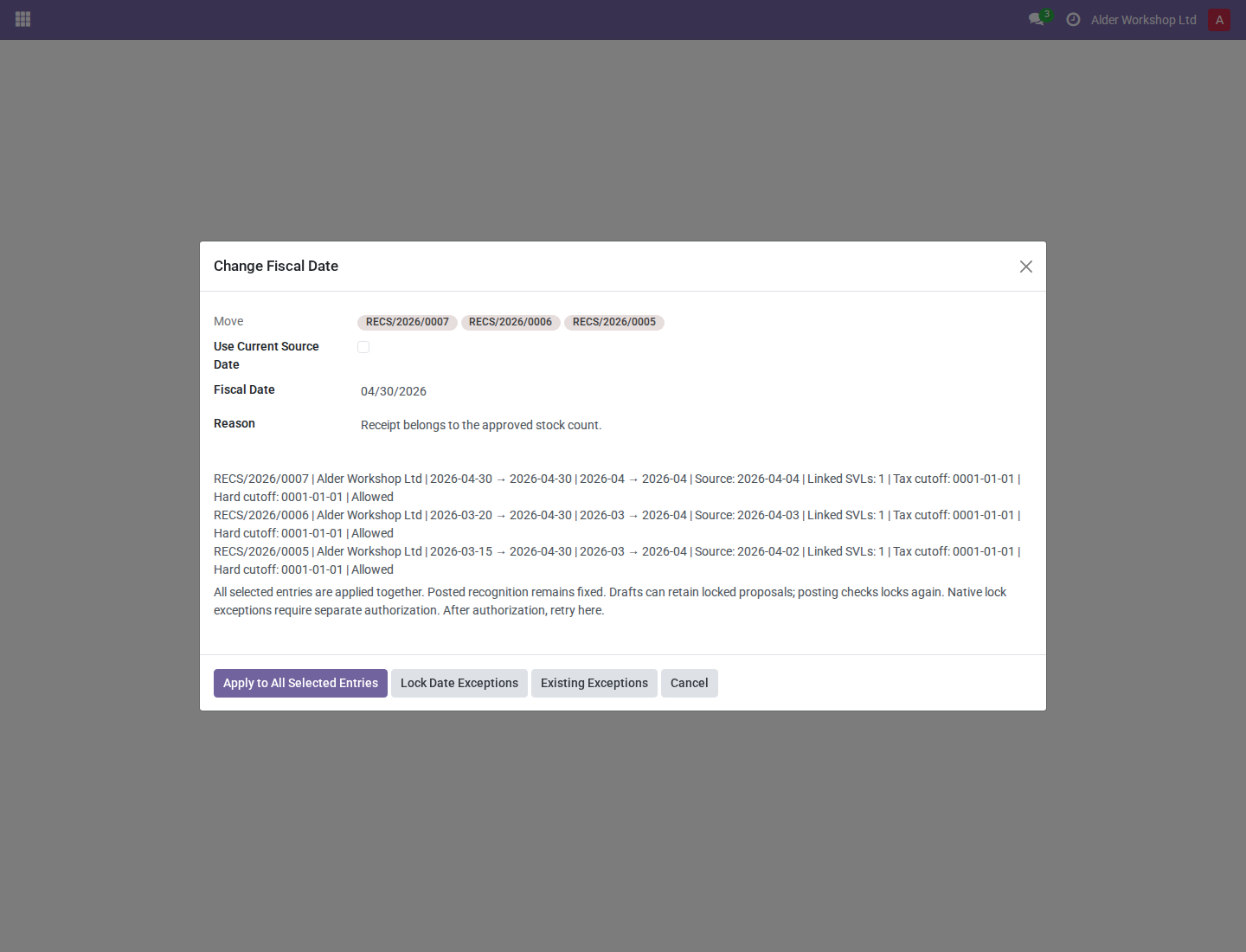 Manager preview for the selected entries