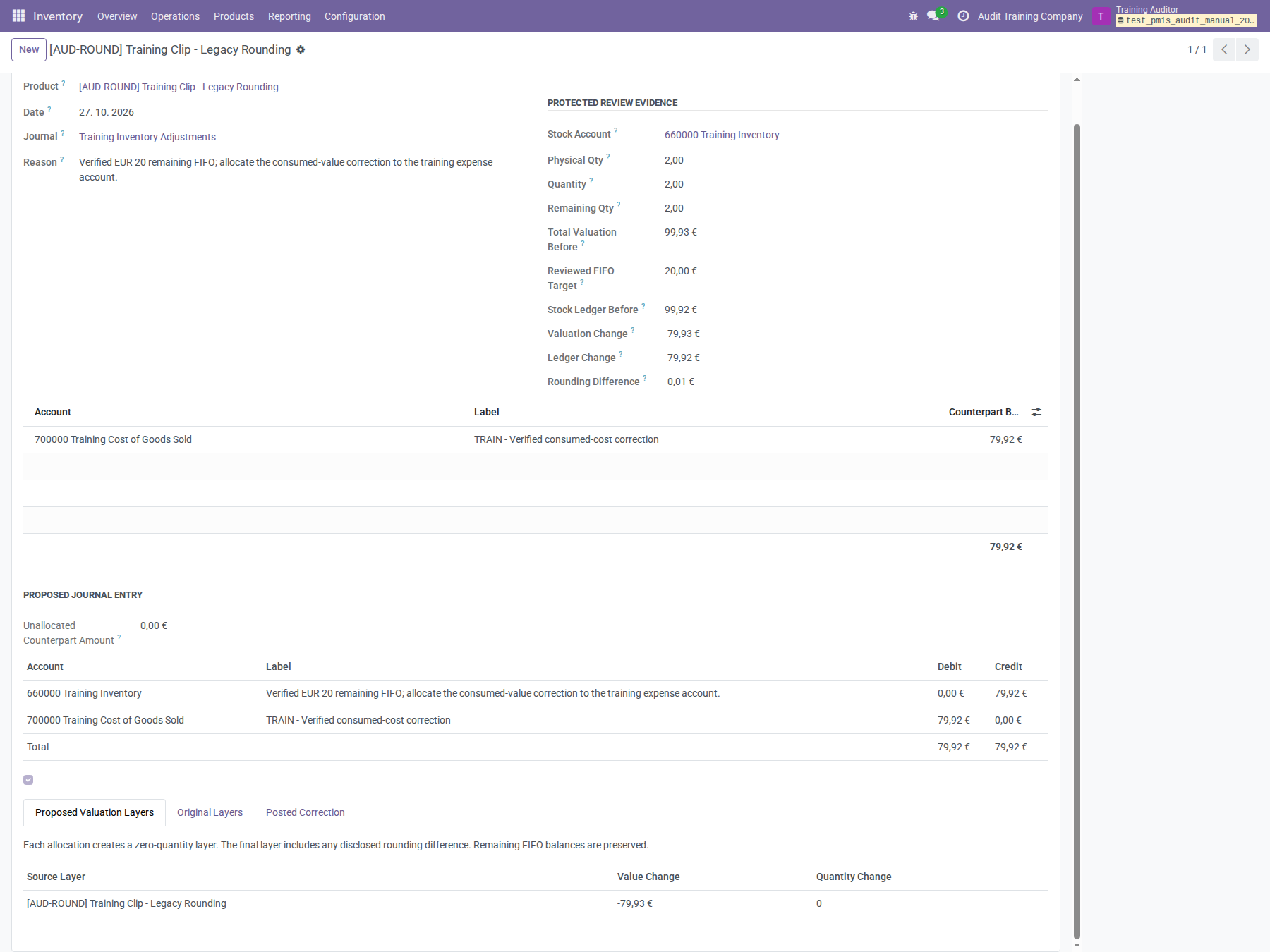 Retained rounding preview after posting, scrolled to show the −€79.93 child-layer proposal