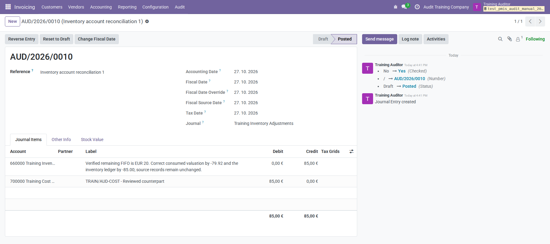 Actual posted journal: €85.00 inventory credit balanced by a €85.00 expense debit