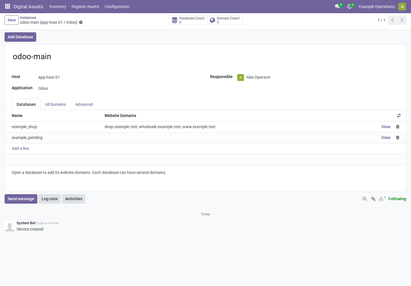 Instance with its databases and website summary
