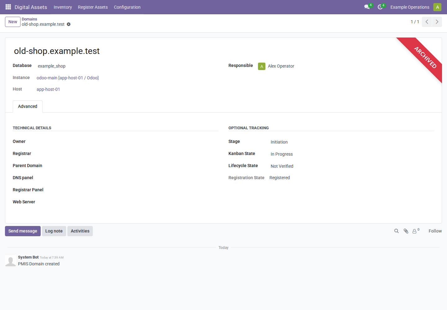 Archived domain retaining its database and instance links