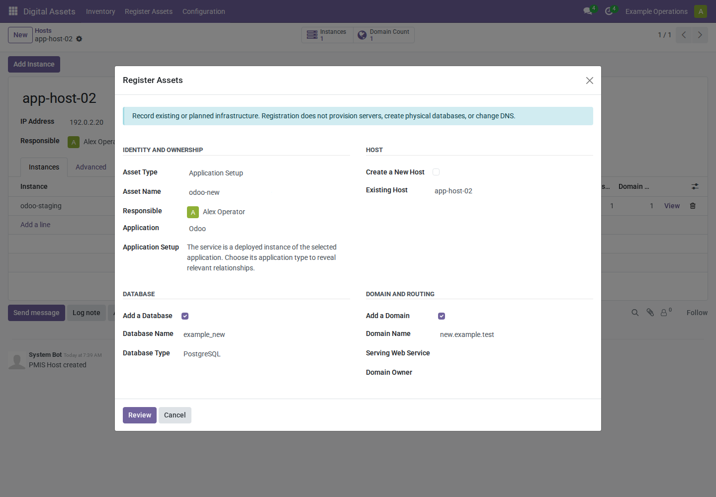 Application setup creating one instance, database, and domain