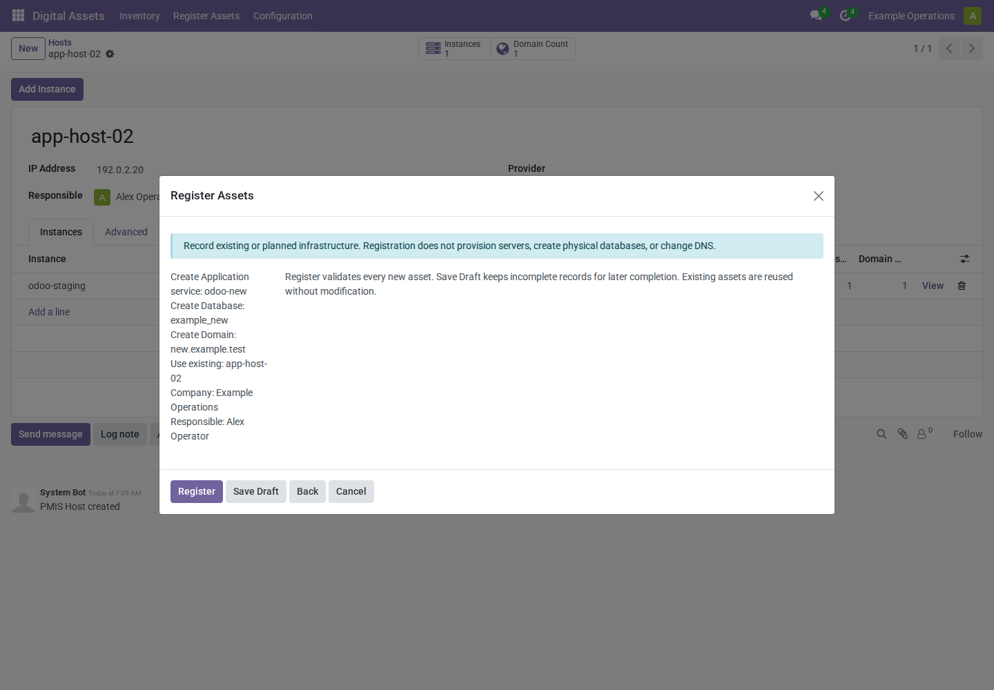 Review of the planned setup and reused host