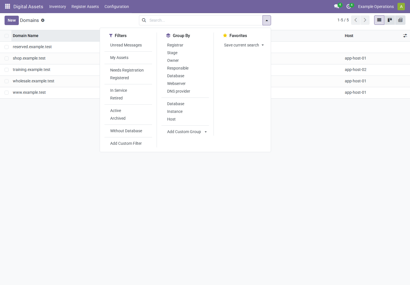 Filters and grouping available on domain inventory