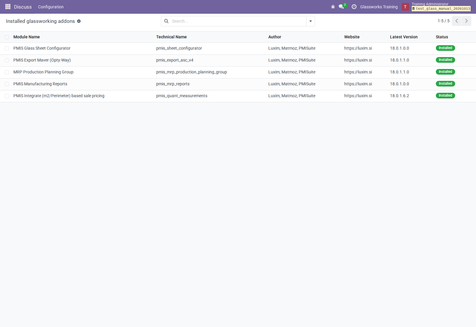 The five installed addons
