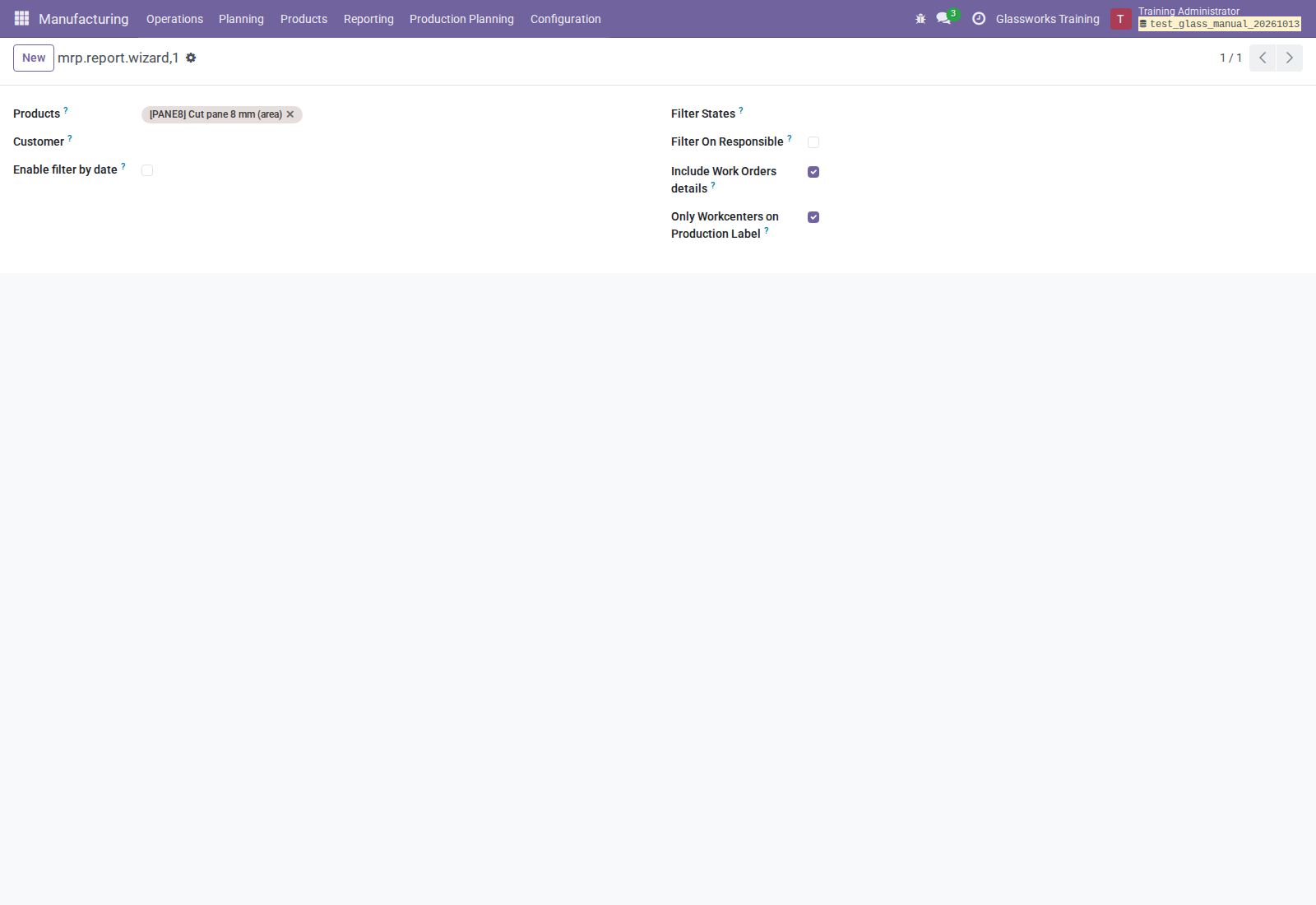 Manufacturing report filter form